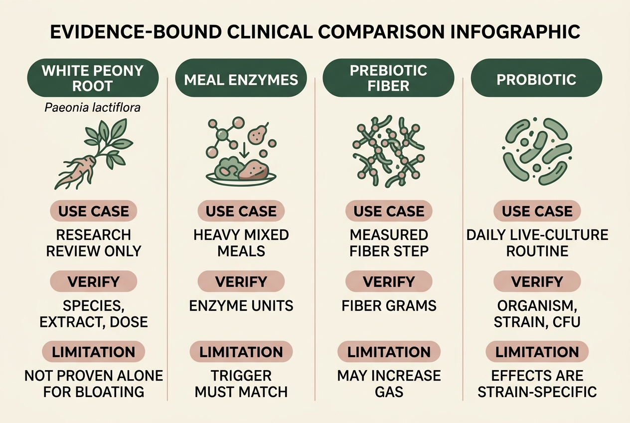 Comparison of white peony, digestive enzymes, prebiotic fiber, and probiotics by use case and evidence limit.
